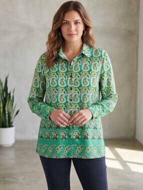 Coolibar Womens 3X Green Paisley UPF 50 Sun Protection Rhodes Button Down Shirt